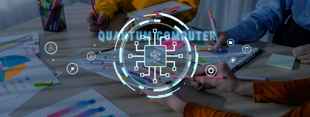 A diverse team collaborates on quantum computing concepts, analyzing charts and graphs. The modern workspace fosters creativity and innovation in technology discussions. Trope