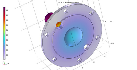 Computer 3d modeling of steel worm shaft with round cover of electrical reducer. Drawing of mechanical part. Technology diagram of machine building industry. Temperature distribution cad analysis. © TKalinovskaya