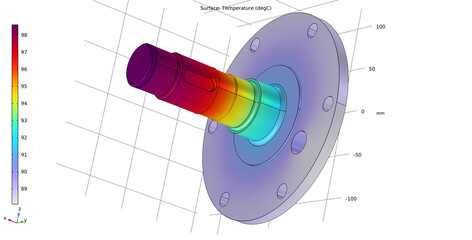 Computer 3d modeling of steel worm shaft with round cover of electrical reducer. Drawing of mechanical part. Technology diagram of machine building industry. Temperature distribution cad analysis. © TKalinovskaya