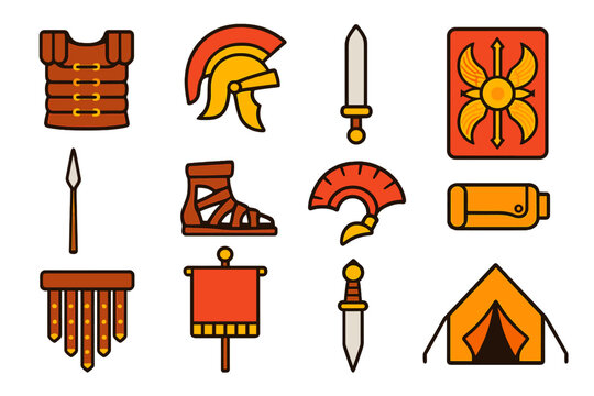 Roman Armor Icons. Flat vector icons of Ancient Roman Armor: lorica segmentata, roman helmet, gladius sword, scutum shield, pilum