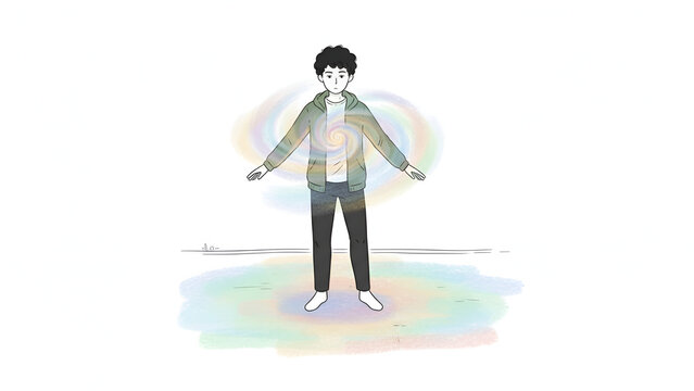 Young man arms outstretched with soft colorful aura glow around body