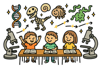 Fototapeta premium Whimsical Molecular Classroom. Whimsical doodle molecular paleontology classroom with happy students, cartoon fossils floating,