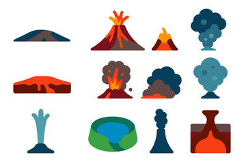 Volcano Icon Set. Flat vector icons of Earth volcanism comparison: shield volcano, stratovolcano, cinder cone, lava dome, basalt