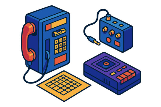 Vintage Phreaking Icons. Isometric vector illustration set Vintage Phreaking Setup: Payphone with audio lead, pocket blue box