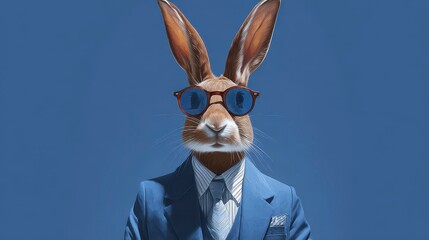 A distinguished rabbit, anthropomorphic, sporting a blue suit and stylish sunglasses against a vivid blue backdrop