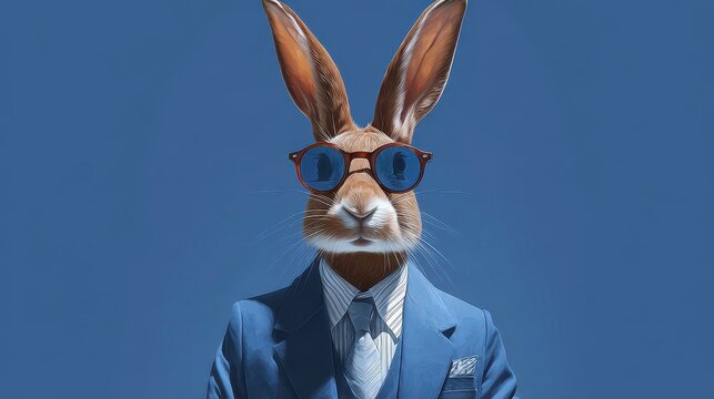 A distinguished rabbit, anthropomorphic, sporting a blue suit and stylish sunglasses against a vivid blue backdrop