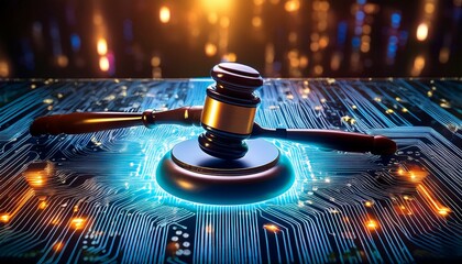 a gavel rests on a glowing circuit board symbolizing the fusion of technology and law in modern legal frameworks