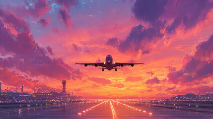 Airplane taking off into a vibrant sunset sky with dramatic clouds over an airport runway