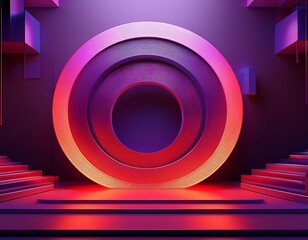 abstract geometric composition with neon purple and red circular shapes and layered platforms creating dynamic visual depth