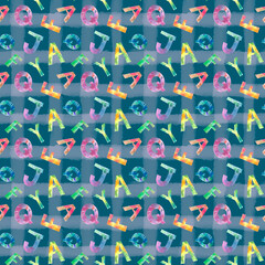 Seamless pattern with hand-drawn watercolor English alphabet. Capital letters with smooth color transitions on blue background. Modern lettering illustration for fabric, wrapping paper and stationery