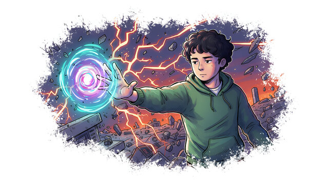 Young man in green hoodie holding glowing blue energy portal in lava land