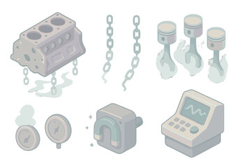 Phantom Engine Assembly. Isometric vector illustration set Phantom Engine Assembly: floating motor block, spectral chains, glowing