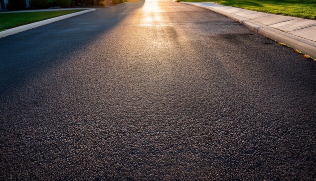 dark asphalt driveway with fresh sealcoat glistens in sunlight well maintained residential shine