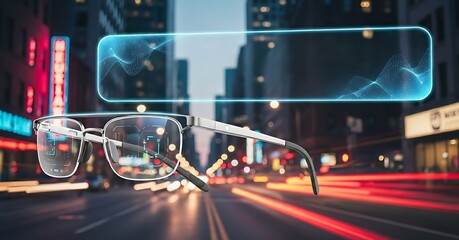 Exploring augmented reality glasses technology innovation in futuristic city landscape view design