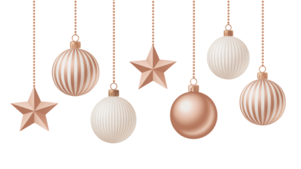 Elegant rose gold and white hanging Christmas ornaments and stars