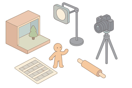 Stop-Motion Workshop Icons. Isometric vector illustration set Stop-Motion Craft Workshop: miniature stage, adjustable light rig,