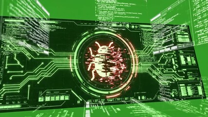 A dynamic digital animation showcasing a menacing computer virus bug icon on a futuristic green circuit board symbolizing cybersecurity threats malware detection and data protection in a complex tech. - Powered by Adobe