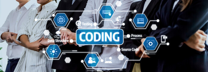 A diverse team engages in a coding project, showcasing technology and data structure graphics. The image captures the essence of teamwork, innovation, and professional collaboration. Amity