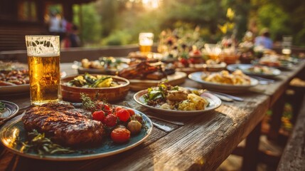 outdoor dining party with delicious food cold beer on rustic wooden table friends enjoy sunset dinner with grilled meat tasty dishes festive drinks summer celebration with social gathering