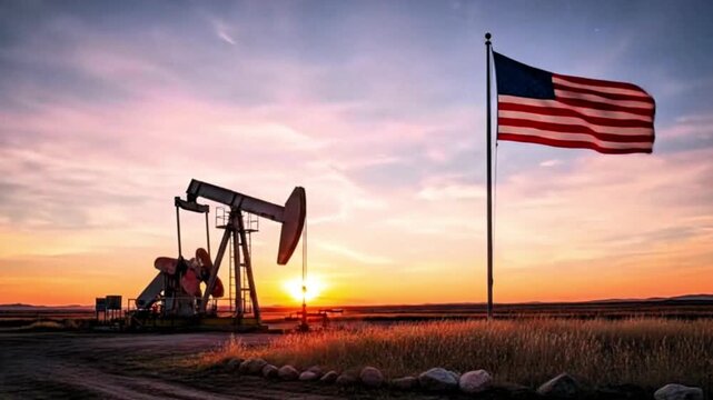 Video, silhouette of an oil pump with the American flag, in the background of industry and oil mining