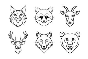 A collection of funny cartoon animal vector icons, including a cat, dog, fox, tiger, bear, pig, cow, and lion face illustrations