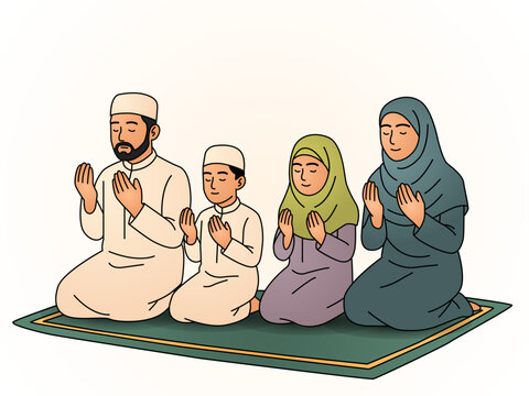 A Muslim family praying to Allah at home on a prayer mat during Ramadan. Flat vector illustration isolated on white background in linear style.