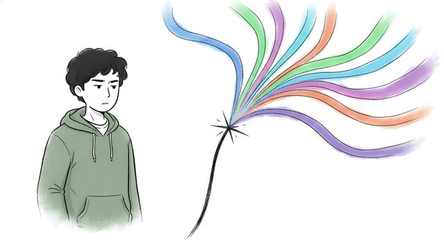 Young man releasing colorful flowing ribbons from hand
