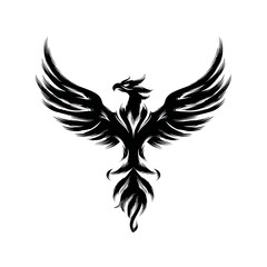 Black phoenix rising symbol with extended wings against a white background