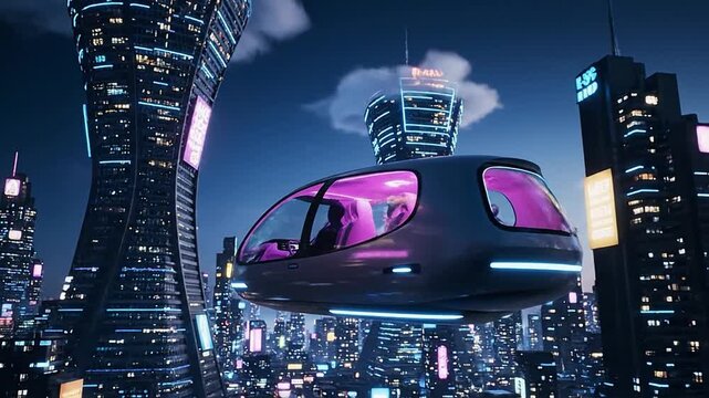 Futuristic Flying Car Transporting Passenger Through Neon Lit Cyberpunk Metropolis Skyline At Night Driverless Aerial Taxi Service Concept Technology Innovation