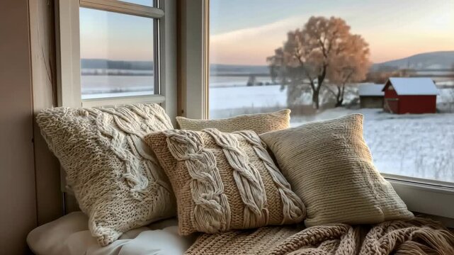 Cozy winter window views with snowcovered trees and rustic barn at sunset