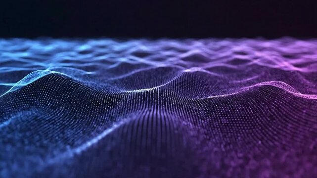 Abstract digital wave pattern flowing blue purple particles undulating surface futuristic