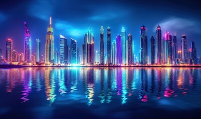 Vibrant futuristic city skyline at night with glowing neon lights, sharp reflections on the water creating a dynamic urban vibe