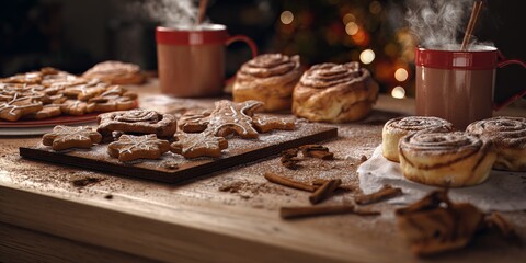 hyper realistic photo of homemade Christmas desserts on a kitchen table, gingerbread cookies
