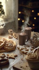 hyper realistic photo of homemade Christmas desserts on a kitchen table, gingerbread cookies