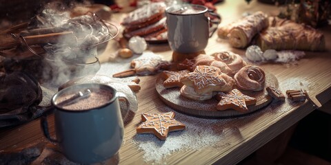 hyper realistic photo of homemade Christmas desserts on a kitchen table, gingerbread cookies