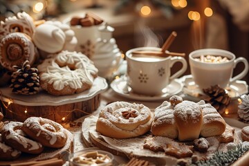 hyper realistic photo of homemade Christmas desserts on a kitchen table, gingerbread cookies