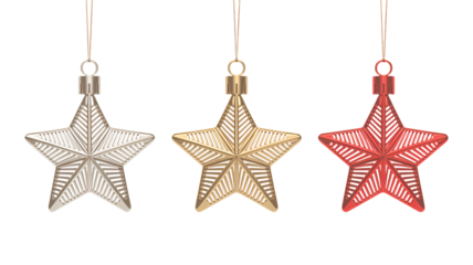 Three hanging metallic star ornaments in silver gold and red for holidays
