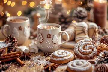 hyper realistic photo of homemade Christmas desserts on a kitchen table, gingerbread cookies