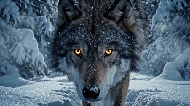 Majestic wolf with glowing eyes emerges from snowy forest path a powerful predator in winter