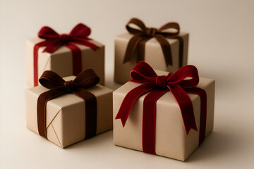 Obraz premium Beige gift boxes with red ribbons on beige background