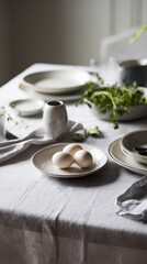 hyper realistic photograph of a minimalist Easter table setting, neutral colors, ceramic plates, boiled eggs