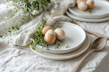 hyper realistic photograph of a minimalist Easter table setting, neutral colors, ceramic plates, boiled eggs
