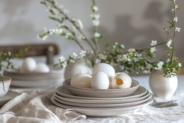 hyper realistic photograph of a minimalist Easter table setting, neutral colors, ceramic plates, boiled eggs