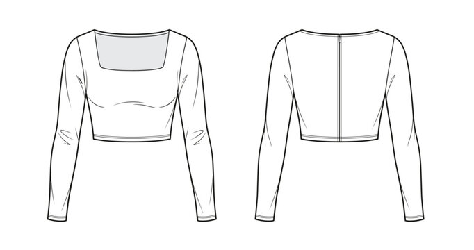 Cropped top technical sketch, front and back view, fashion flat drawing, garment design template, square neckline, zipper, fitted sleeve