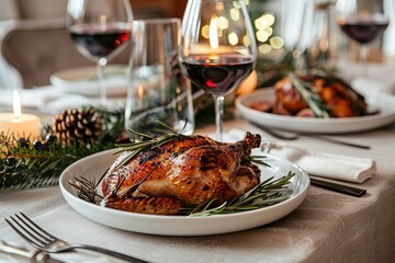 hyper realistic photograph of a modern luxury Christmas table, white porcelain plates, rosemary garnished roast chicken, red wine glasses