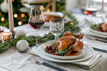 hyper realistic photograph of a modern luxury Christmas table, white porcelain plates, rosemary garnished roast chicken, red wine glasses