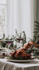 hyper realistic photograph of a modern luxury Christmas table, white porcelain plates, rosemary garnished roast chicken, red wine glasses, linen tablecloth, pine branches