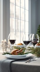 hyper realistic photograph of a modern luxury Christmas table, white porcelain plates, rosemary garnished roast chicken, red wine glasses, linen tablecloth, pine branches