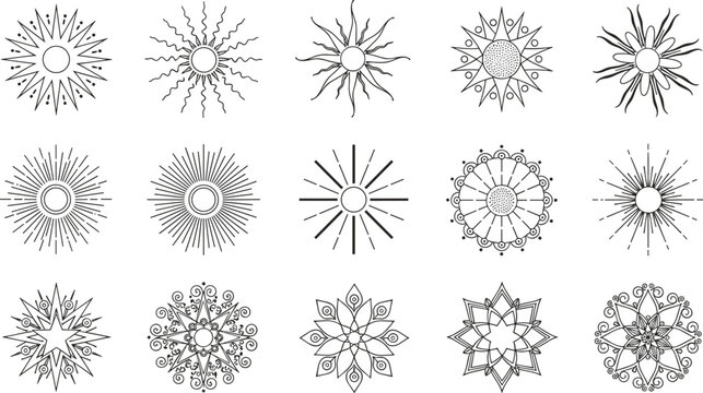 Set of black and white geometric sunburst vector icons with radial rays for boho logo design and ornamental decoration.