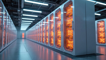 Rows of advanced servers hum with glowing orange energy. Transparent circuits and powerful processors fill racks in a modern data center. This supercomputer represents future tech and big data.